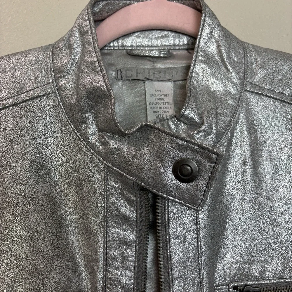 Chico's Lavish Luster Metallic Silver Leather Motorcycle‎ Jacket Sz 1 Medium Y2K